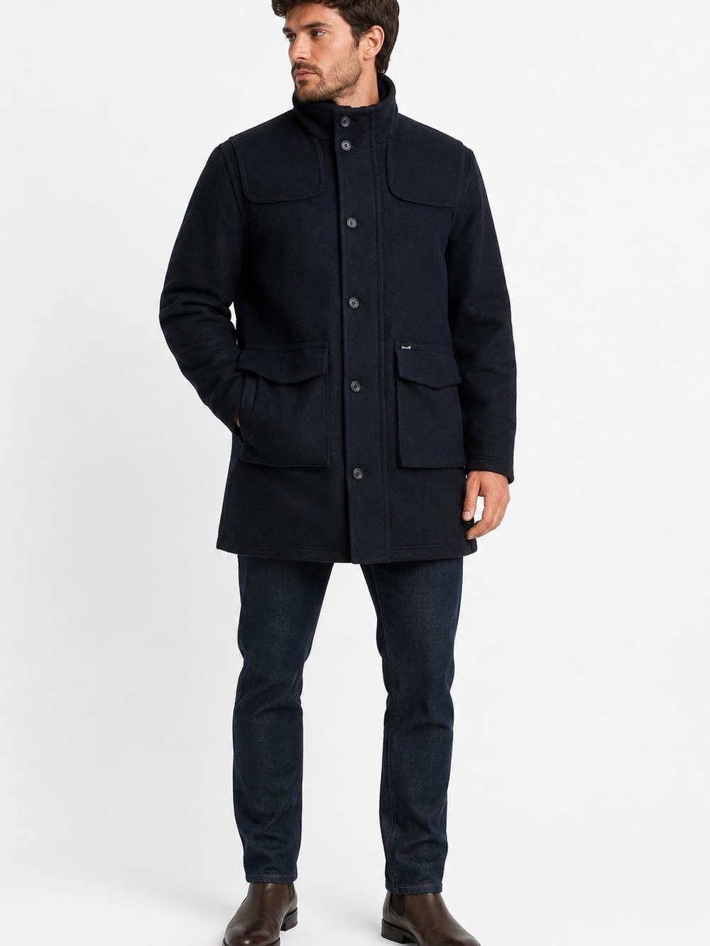 Men's Navy 100% Wool- Pea Coat Ptp 26 Inch And Lengh 43 Inch